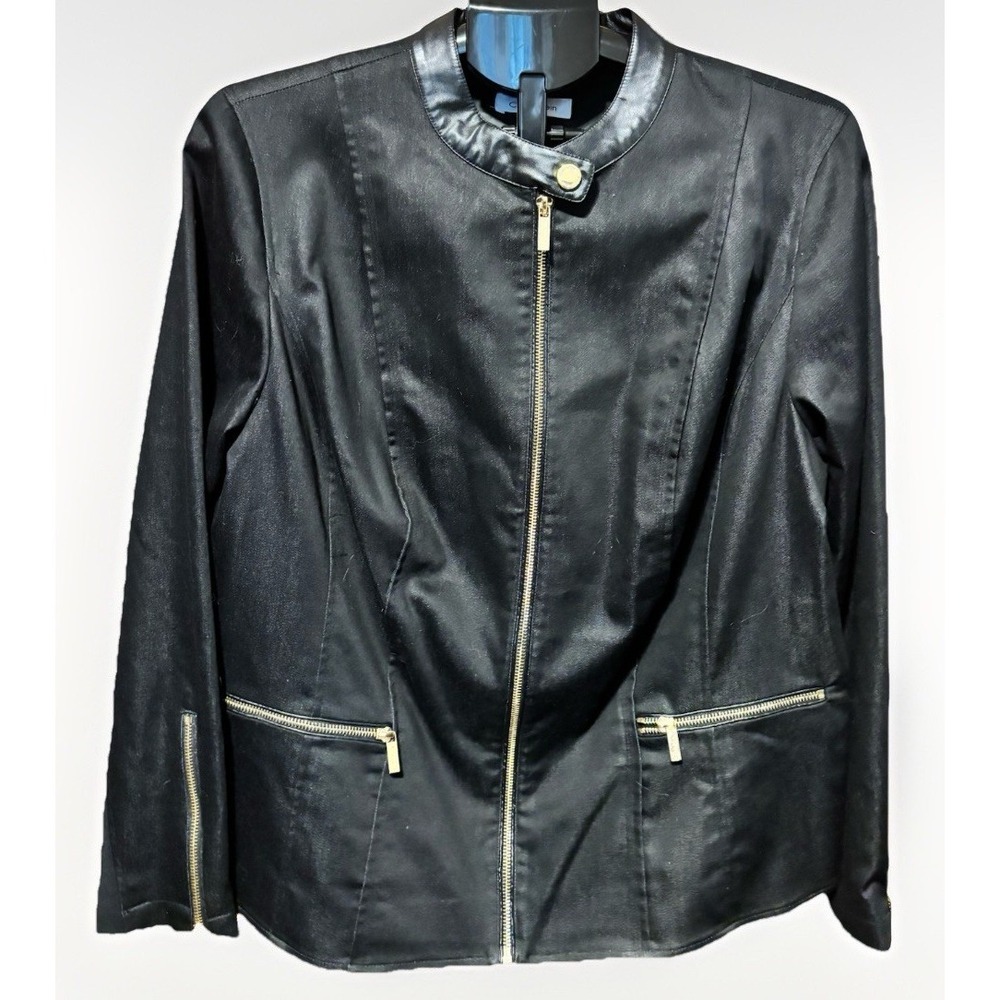 Calvin Klein Womans 1X Black Full Gold Zip Fabric Motorcycle Jacket Stretch